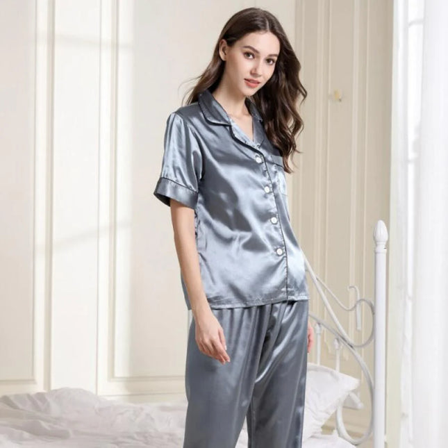 Pyjama satin bleu pigeon