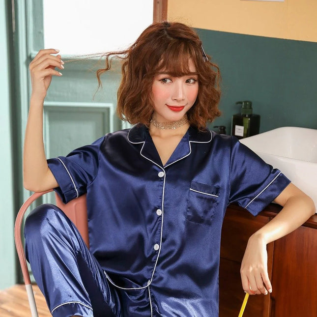 pyjama satin bleu marine