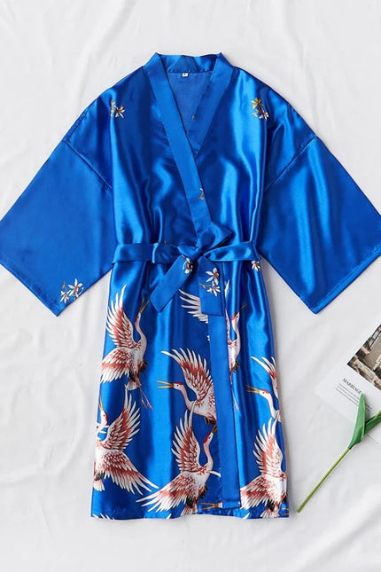 Peignoir Satin Femme Bleu Motif Oiseaux