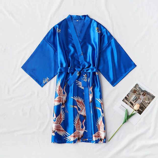Peignoir Satin Femme Bleu Motif Oiseaux