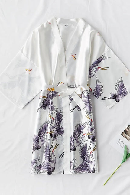 Peignoir Satin Femme Blanc Motif Oiseaux