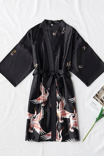 Peignoir Satin Femme Noir Motif Oiseaux