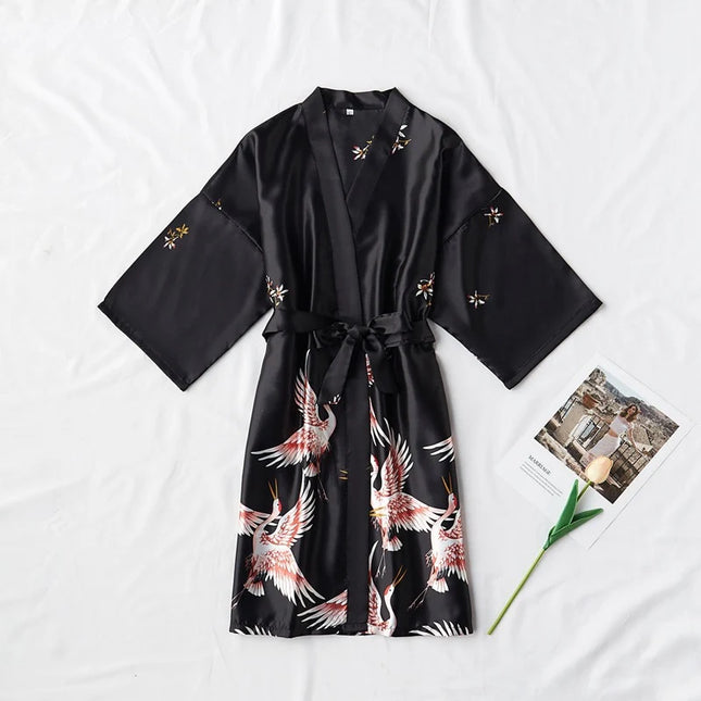 Peignoir Satin Femme Noir Motif Oiseaux