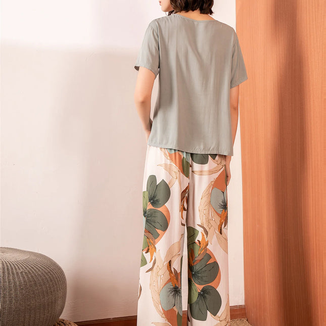 Harmaanvaaleanpunainen Kukallinen Satiini Pyjama
