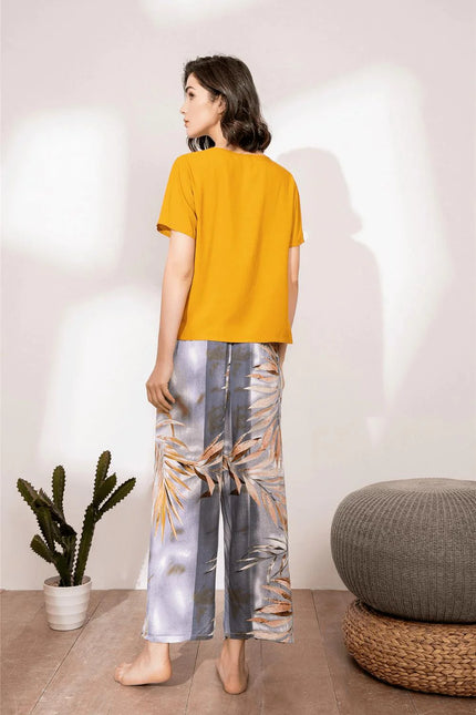 Keltainen Kukallinen Satiini Pyjama