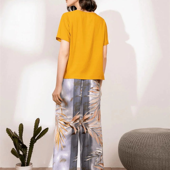 Keltainen Kukallinen Satiini Pyjama