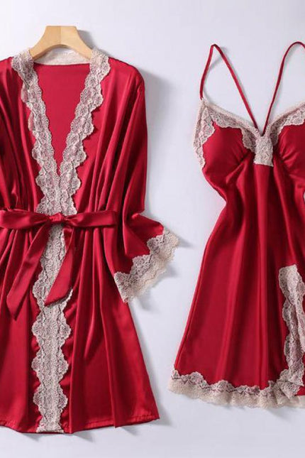 Robe de Chambre Courte Femme Rouge en Dentelle