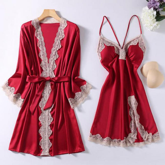 Robe de Chambre Courte Femme Rouge en Dentelle
