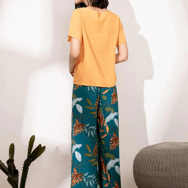 Keltavihreä Kukkakuvioinen Satiini Pyjama