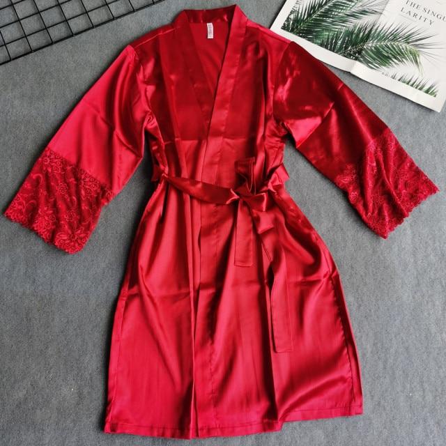 Peignoir Satin mi Long Femme Rouge