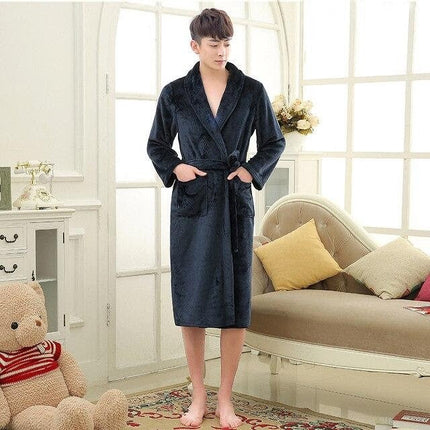 Miesten Taskullinen Tummansininen Fleece Kylpytakki Xl