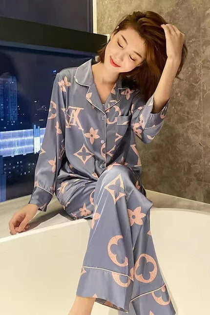 Pyjama satin femme Bleu à Motif