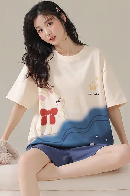 Pyjashort Femme Blanc et Bleu