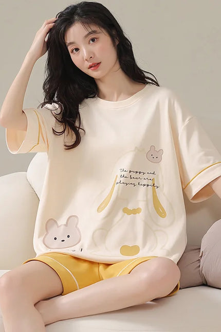 Pyjashort Femme Blanc et Jaune