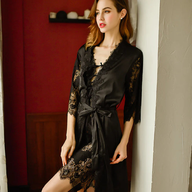 Nuisette Noire Avec Dentelle-Peignoir Avenue