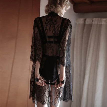Déshabillé Vaporeux Dentelle Noir-Peignoir Avenue