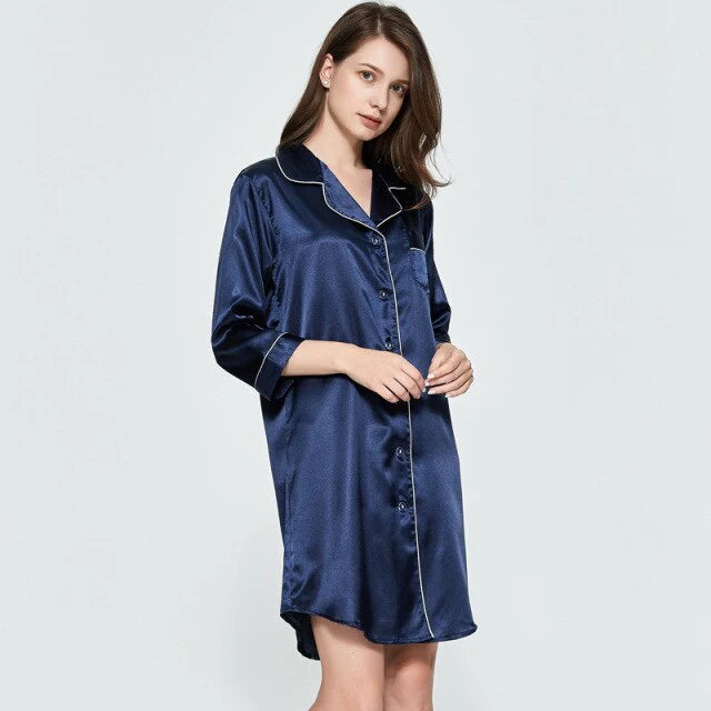 Liquette en Satin Bleu-Peignoir Avenue