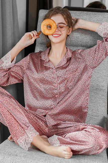 Vaaleanpunainen Kuviollinen Satiini Pyjama
