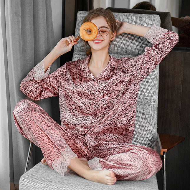 Vaaleanpunainen Kuviollinen Satiini Pyjama