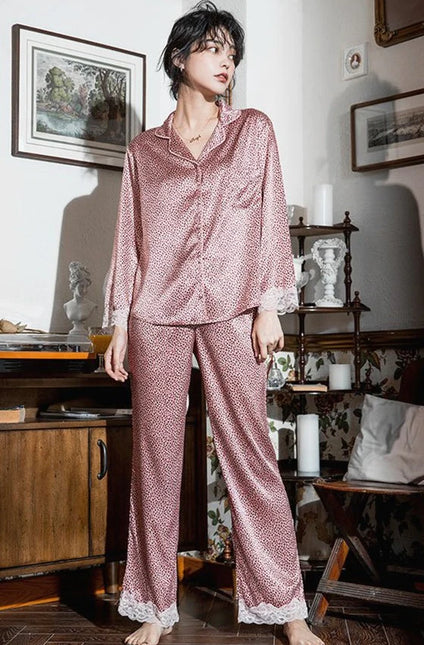 Vaaleanpunainen Kuviollinen Satiini Pyjama