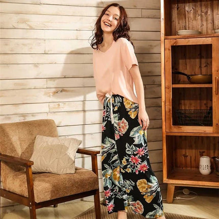 Pyjama Satin Fleur Rose-Noir