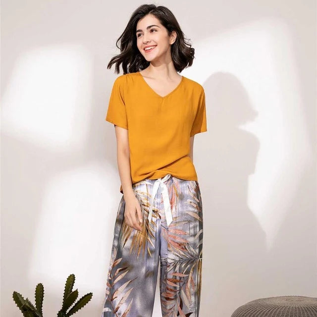 Pyjama Satin Fleuri Jaune