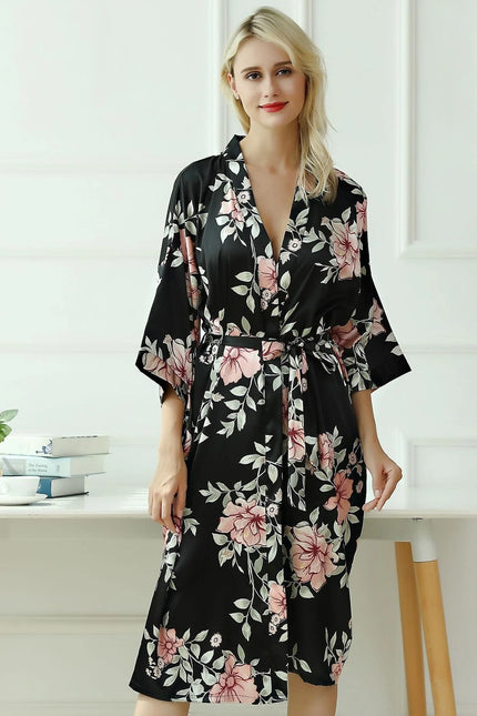 Peignoir Satin Femme Fleur Noire