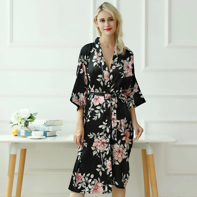 Peignoir Satin Femme Fleur Noire
